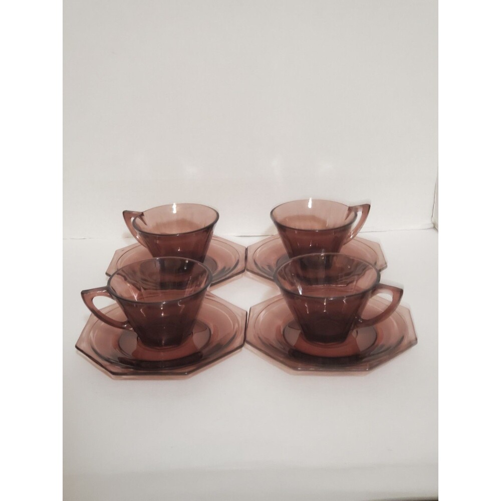 Hazel Atlas Moroccans Amethyst Cups & Saucers Purple Flared Octagon Vtg 8 Pc Set